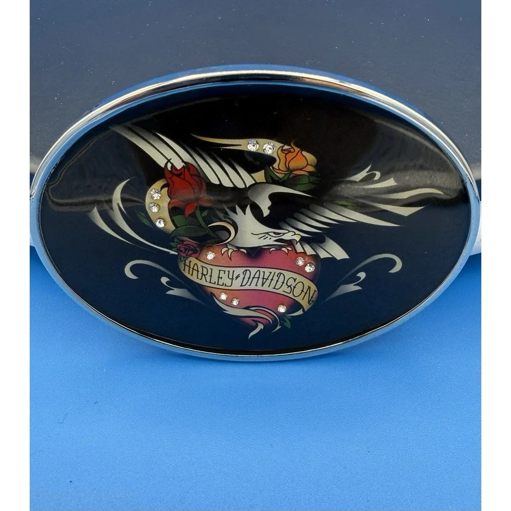 Harley Davidson Tattoo-Style Rhinestone Womens Black Rose Eagle Belt Buckle